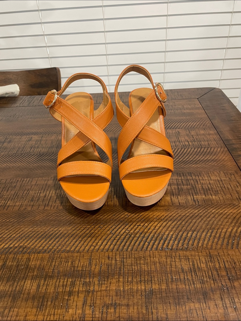 SHEIN Orange Crisscross Wedge Sandals with Buckle